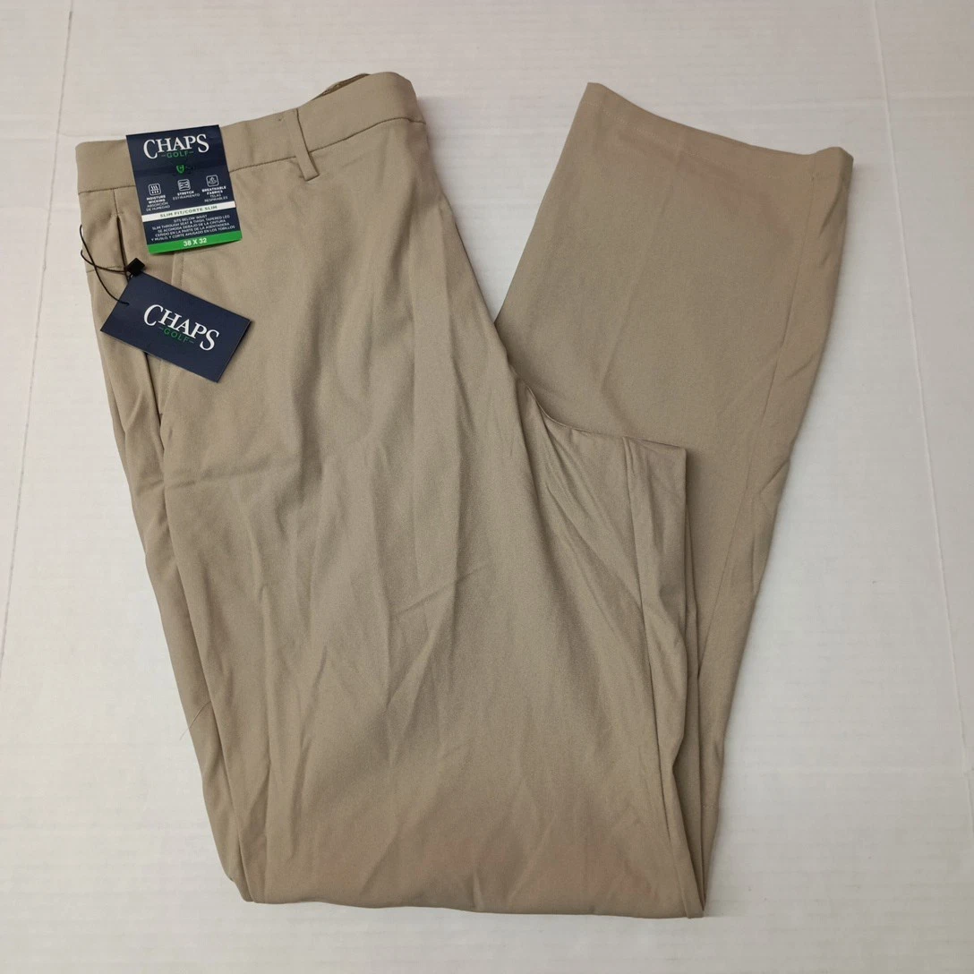 Chaps Golf Performance Slim Fit Pants Men's 38x32 Khaki Stretch Waistband