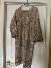 Pakistani Salwar Kameez 3 Piece Fancy Gold Outfit Size Small