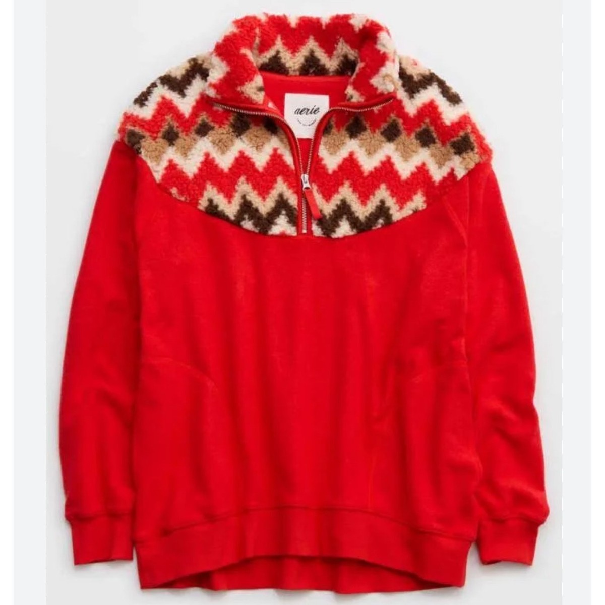 Aerie Hometown Holiday Quarter Zip Sweatshirt Red Sherpa Tribal Sz XL