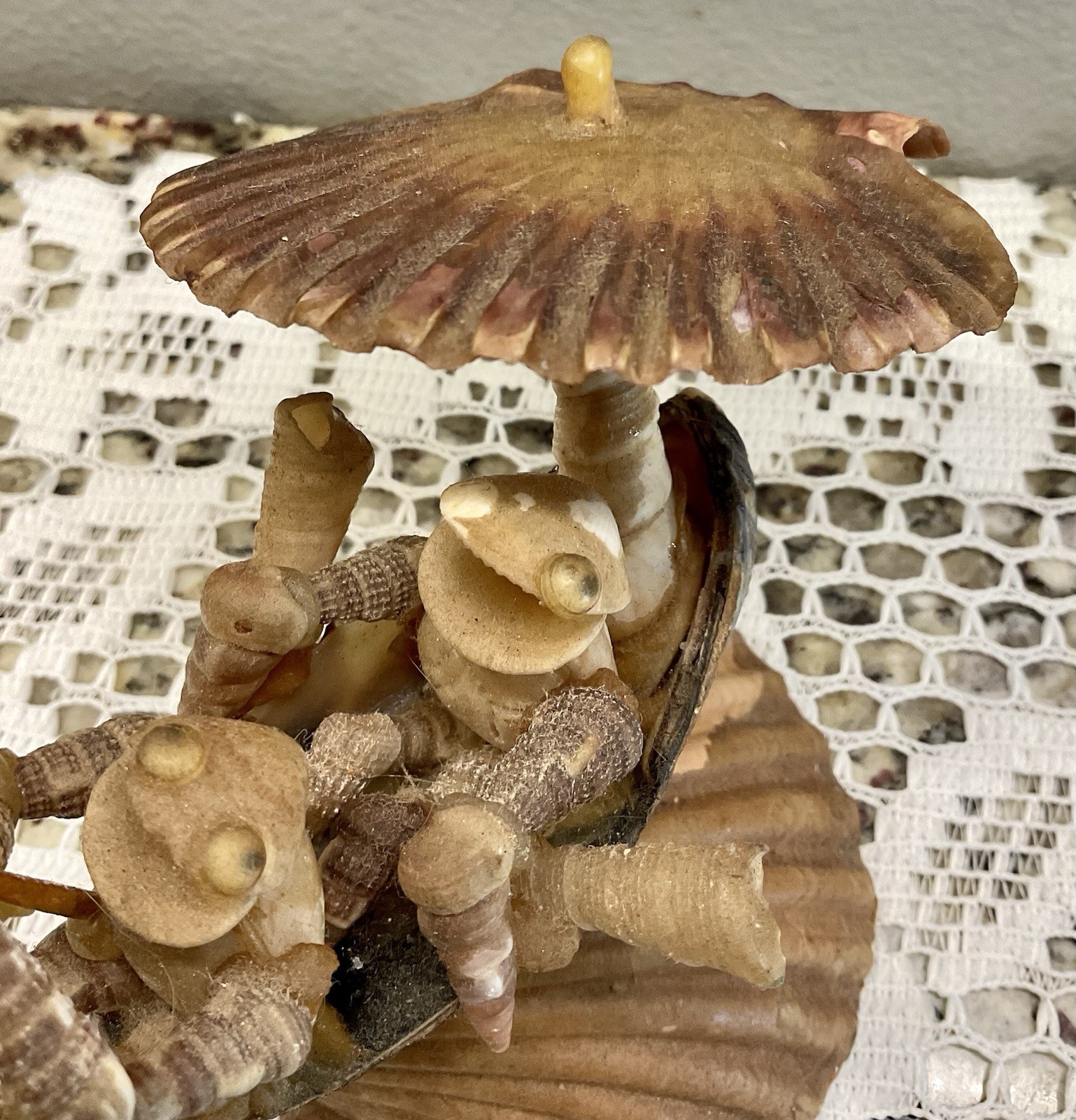 Vintage Hand-Made Sea Shell Fishing frogs In Boat.  Very Old