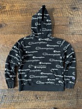 CHAMPION Hooded Sweatshirt Size Large Hoodie Black w Logo Center Pocket CLEAN
