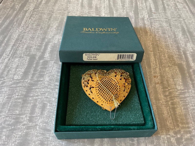 Vintage Baldwin Puffed Heart Brass w/24kt Gold Finish Ornament 1999 NIB