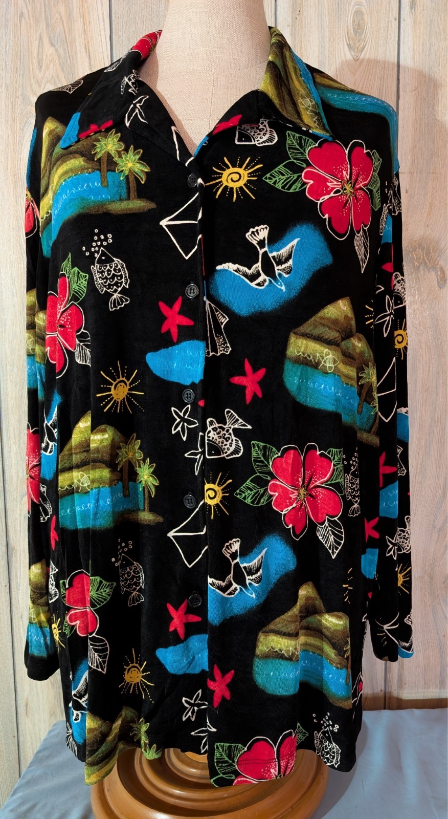 Slinky Stretch Tropical Pattern Button Down Shirt… - image 1