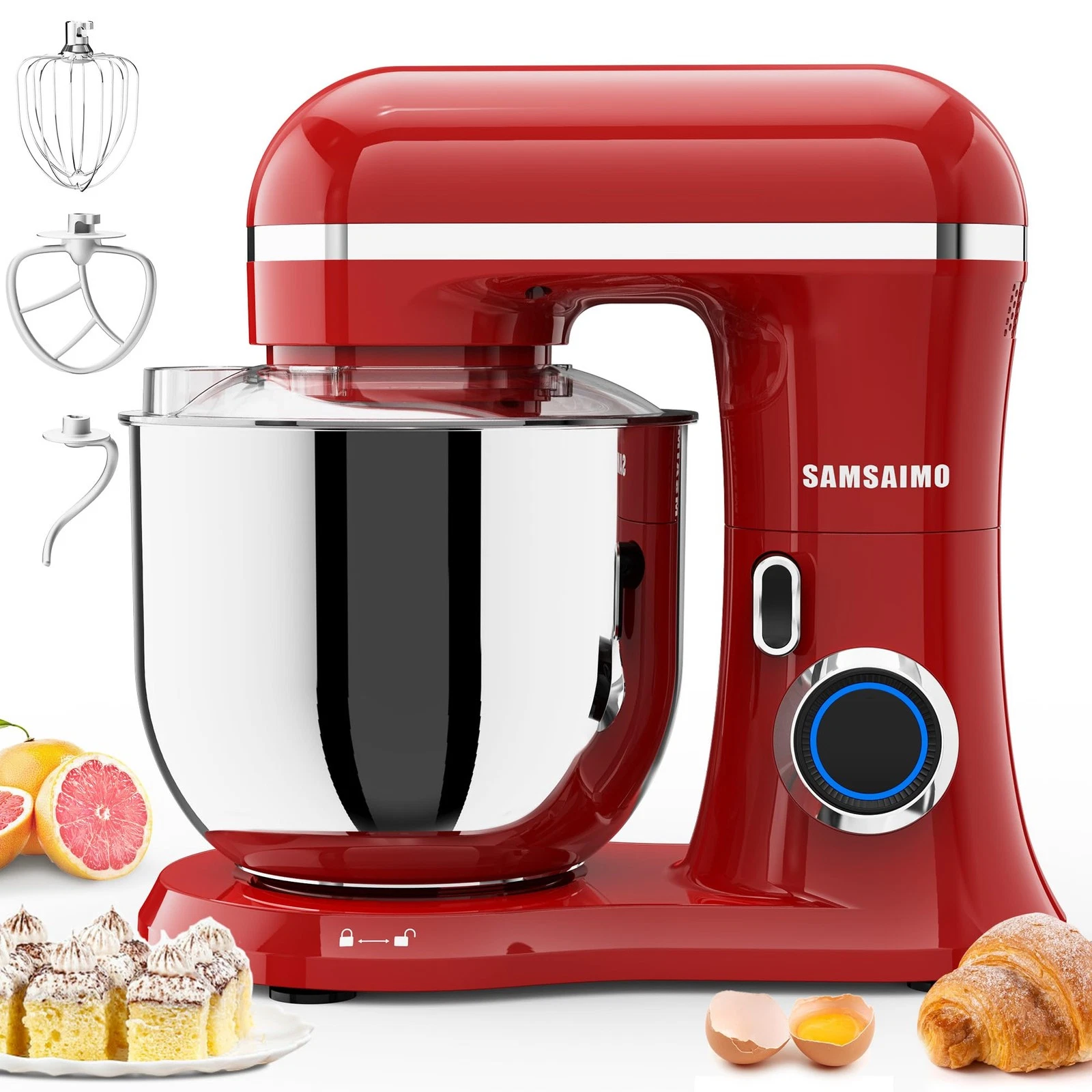 Electric Stand Mixer 10 Speed 6.5QT Bowl Dough Hook Beater Whisk Empire Red