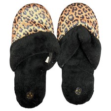 Womens Mule Slippers Size 8-9 Brown Black Leopard Print Faux Fur Trim Closed Toe