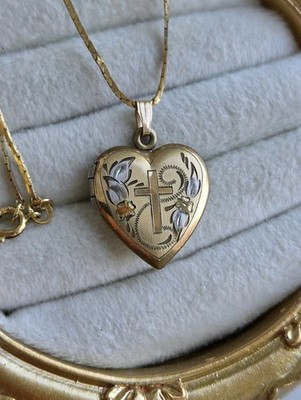 Vintage 14k GF Cross Heart Locket Necklace