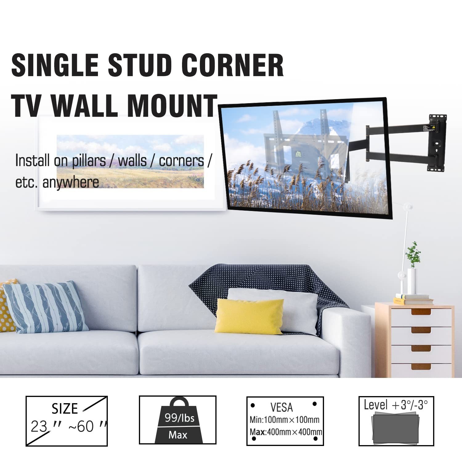 FORGING MOUNT Corner TV Wall Mount Long Arm TV Mount for 26"-65" TVs-Easy to ...