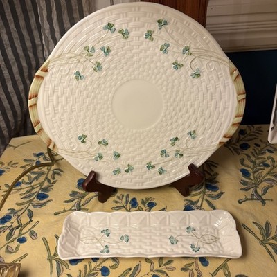 Belleek Ireland Shamrock Set Bread Plate Handles, Relish Dish Basketweave Parian