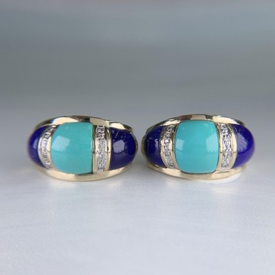 Türkis und Lapislazuli Diamant Ohrringe 14 Karat Gelbgold 90er Jahre