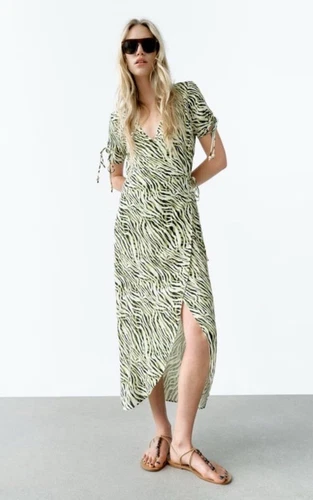ZARA ANIMAL PRINT WRAP DRESS Sz S Zebra Camo Deep V Front Slit Sexy Flirty
