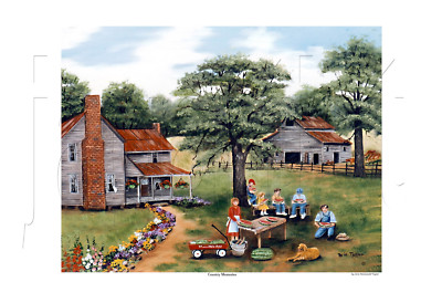 Primitive America Folk Art 8x10 Print Summer Red Wagon Farm Arie