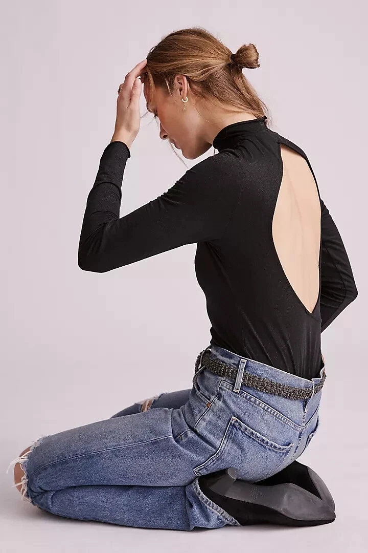NEW Daily Practice by Anthropologie Shimmer Open Back Bodysuit SIZE L BLACK