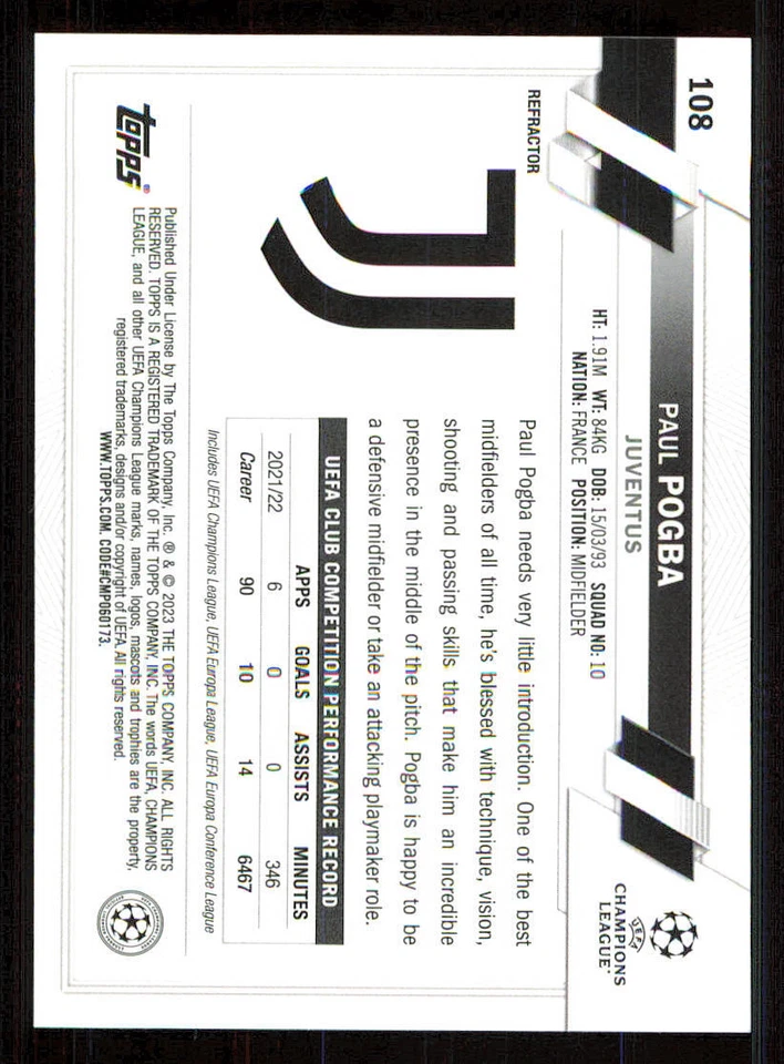 2022-23 Topps Chrome UEFA Club Competitions Refractors #108 Paul Pogba - Image 2 of 2