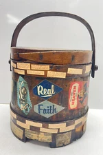 Antique 19thC Wood Firkin Bent Wood Handle / Lid AAFA OOAK Decorated Unique