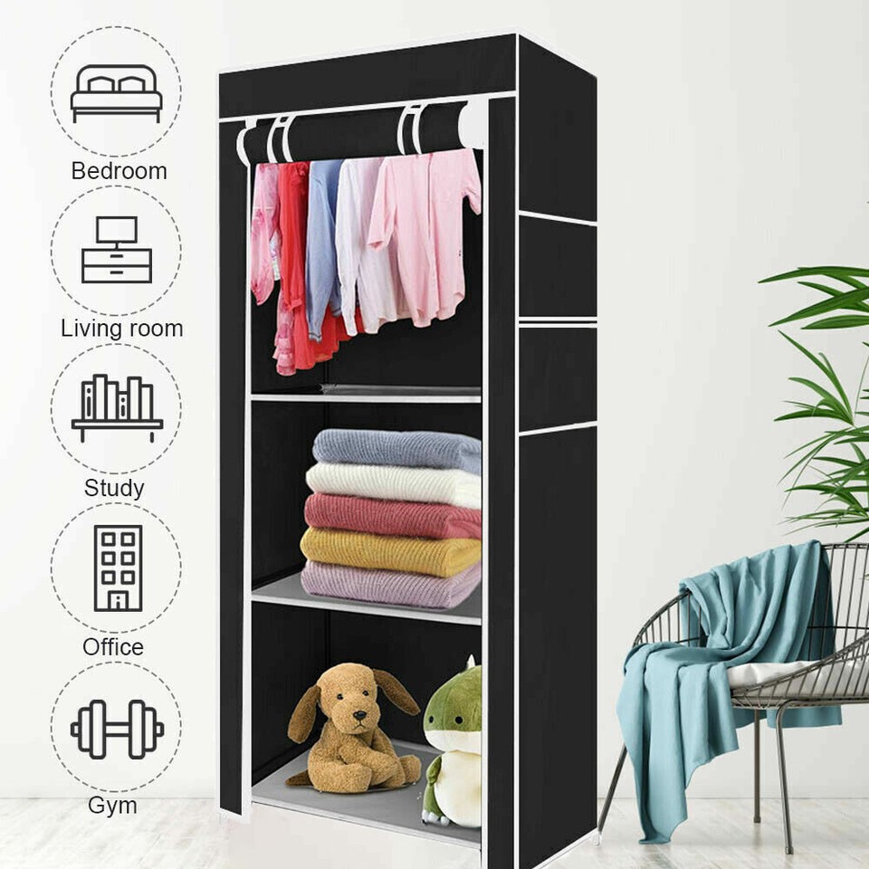 PRACTICAL FABRIC CANVAS WARDROBE HANGING RAIL SHELVING CLOTHES STORAGE