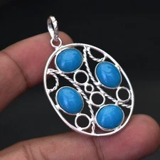Blue Chalcedony Gemstone Handmade 925 Sterling Silver Jewelry Pendant 2.1" V003
