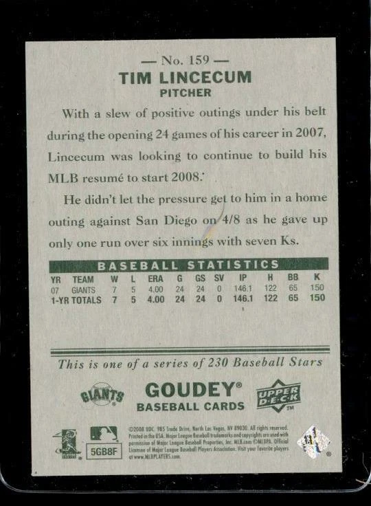 2008 Upper Deck Goudey Baseball Card #159 TIM LINECUM San Francisco Giants - Image 2 of 2