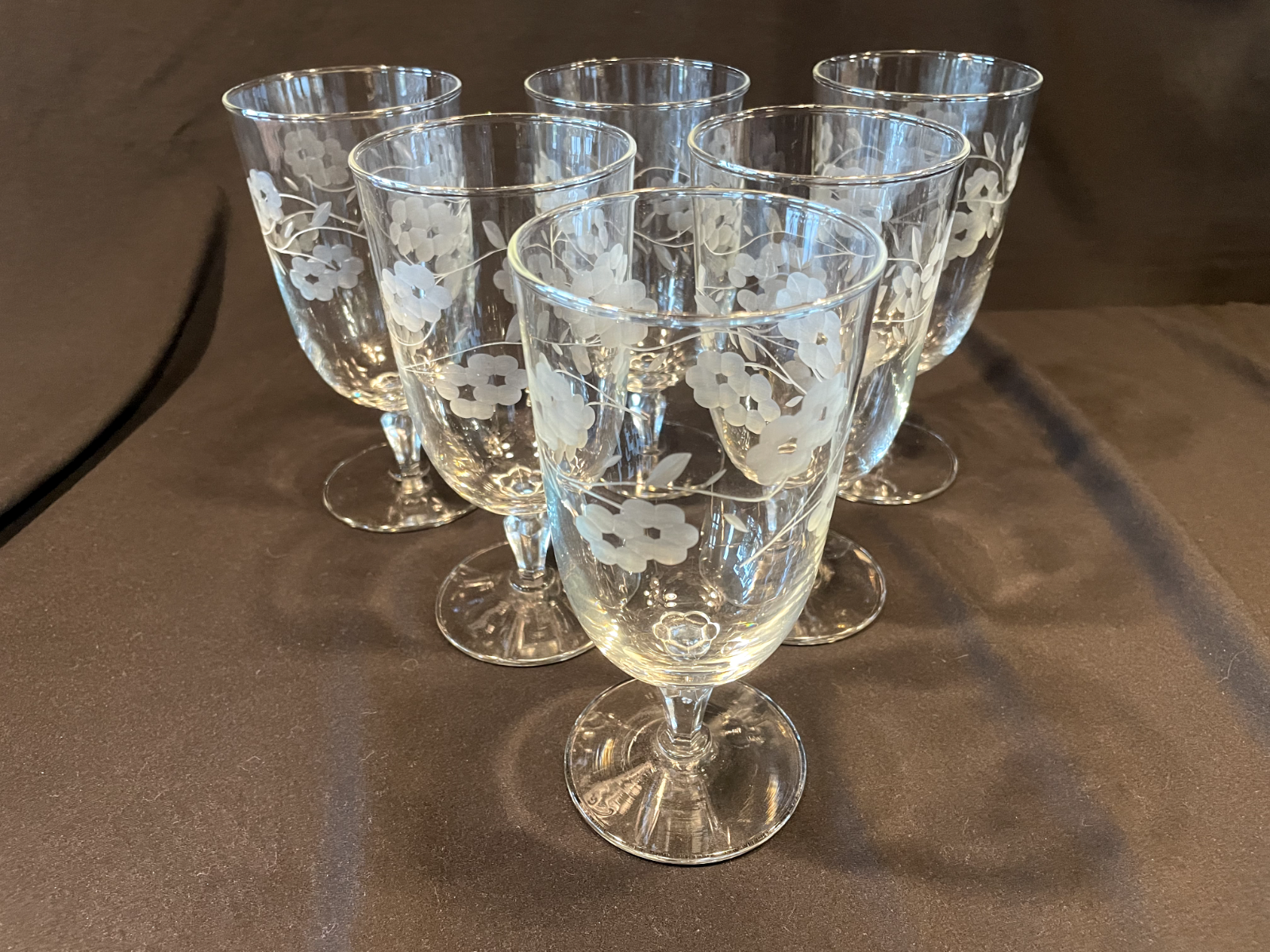 Set of 6 Glenmore Libbey Etched Floral Iced Tea Glasses 7 Inch Tall