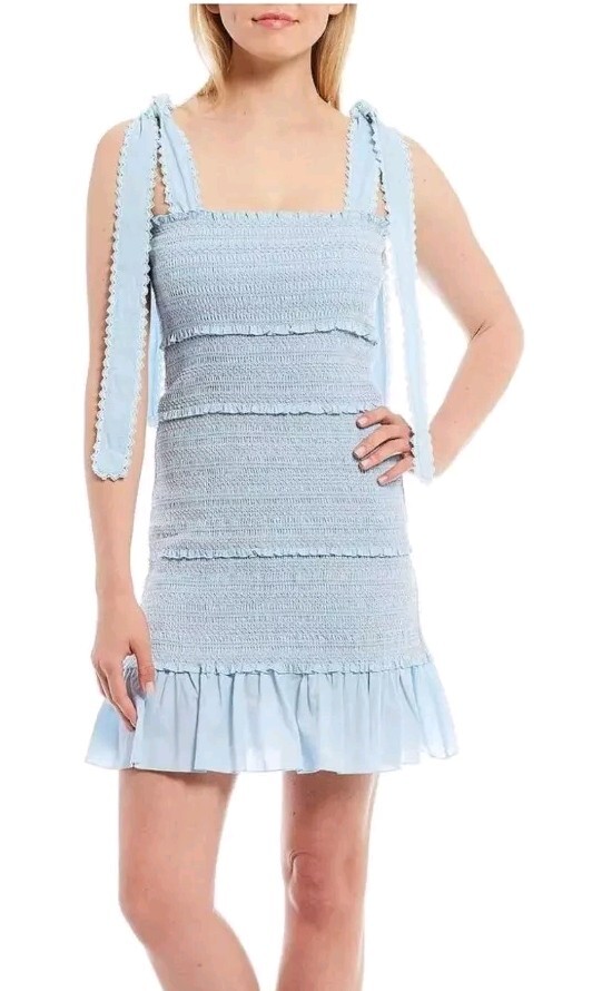 Chelsea & Violet Women's Small Blue Tiered Smocked Ruffle Shoulder Tie Dress New