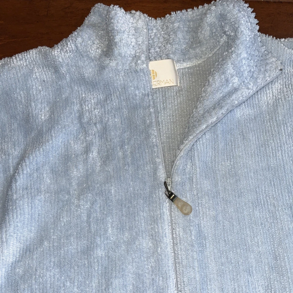 Stan Herman Vintage Womens Robe Light Blue L Chenille  Cotton Blend Half Zipper - Image 3 of 4