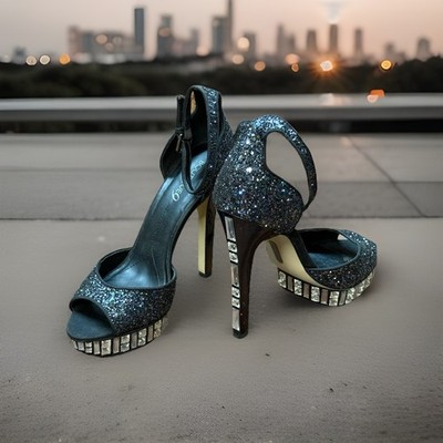 Boutique 9 Black Glitter Platform Rhinestone Stiletto Heels Size 8.5