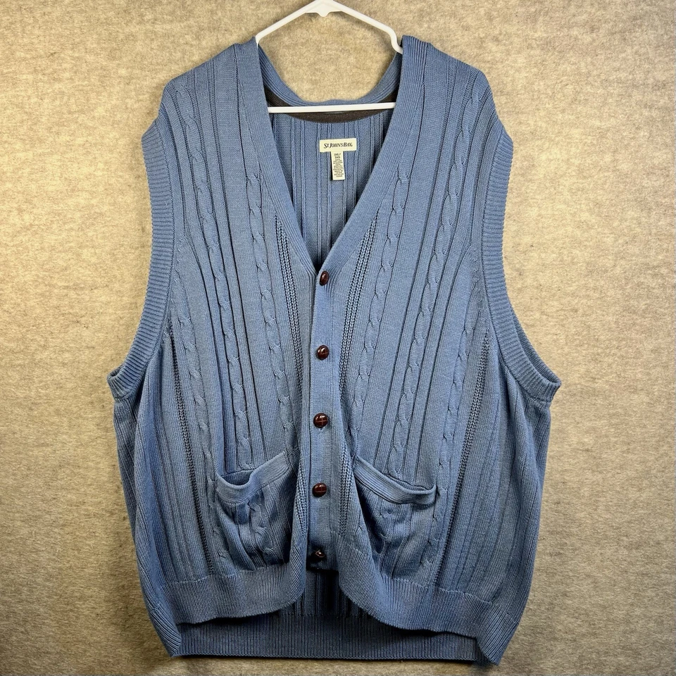 St Johns Bay Sweater Vest Button Up Blue Pockets Cable Knit Men’s 3XL Preppy - Image 2 of 4