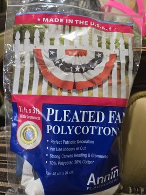 Annin 1.5 ft x 3 ft Pleated Fan w/Grommets~ Polycotton~ USA Patriotic Fan, New 