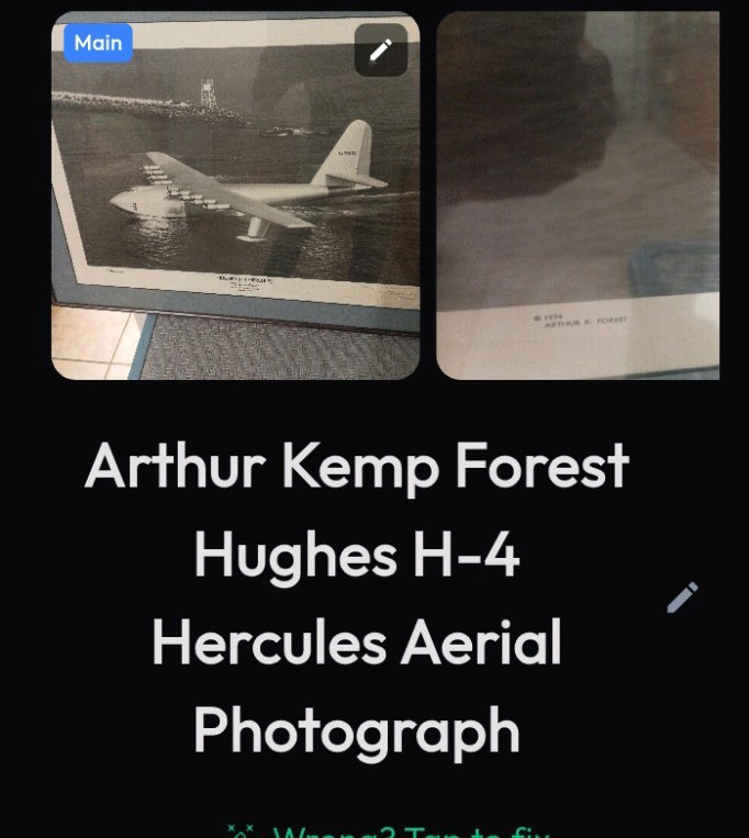Arthur Kemp Forest Hughes H 4 Hercules Aireal Photograph Autograph Signed