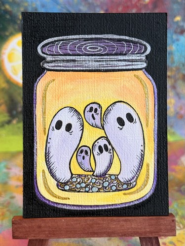ACEO Original Acrylic 2.5x3.5: spooky jar of cute ghosts by ArtisticApocalypse 