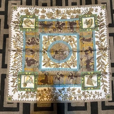 HERMES Musique Des Dieux Carre 90 Silk Beige Multicolor Scarf Mint