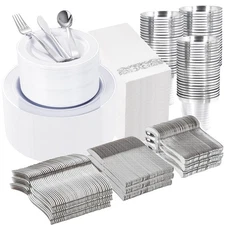 700 Pieces Silver Plastic Dinnerware Set for 100 Guests - Includes Plates, Cu...