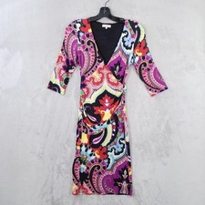 Etro Dress 38 S Colorful Paisley V-Neck Faux Wrap 1/2 Sleeve Knee-Length Stretch