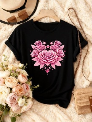 Women 100%Cotton Heart Rose Print T-Shirt Short Sleeve Top Casual USA SALE