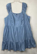 Old Navy Women 3X Blue Fit & Flare Puff Sleeve Chambray Dress Stretch Smocking