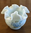 Fenton Art Glass Hand Painted Blue Roses on Blue Satin Ruffled Vase Signed