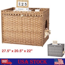 Rattan Litter Box Enclosure Hidden Cat Furniture Cat House with Removable Mat