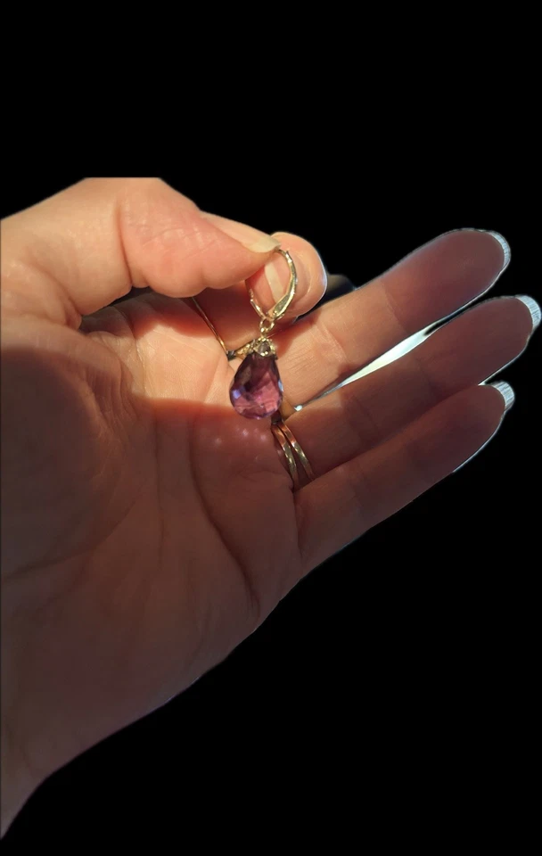 Brincos pendurados de ouro maciço 14K 14 quilates com alavanca pedra preciosa de ametista brioleta - Imagem 2 de 4