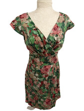 Talbots Cotton Sun Dress~12~ Watercolor Floral Fitted Belted V Nk Cap Sl Cottage