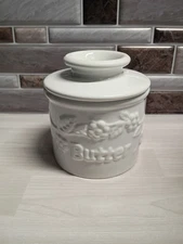 L. Tremain Butter Bell Crock Farmhouse White Raised Floral Ceramic Butter Keeper