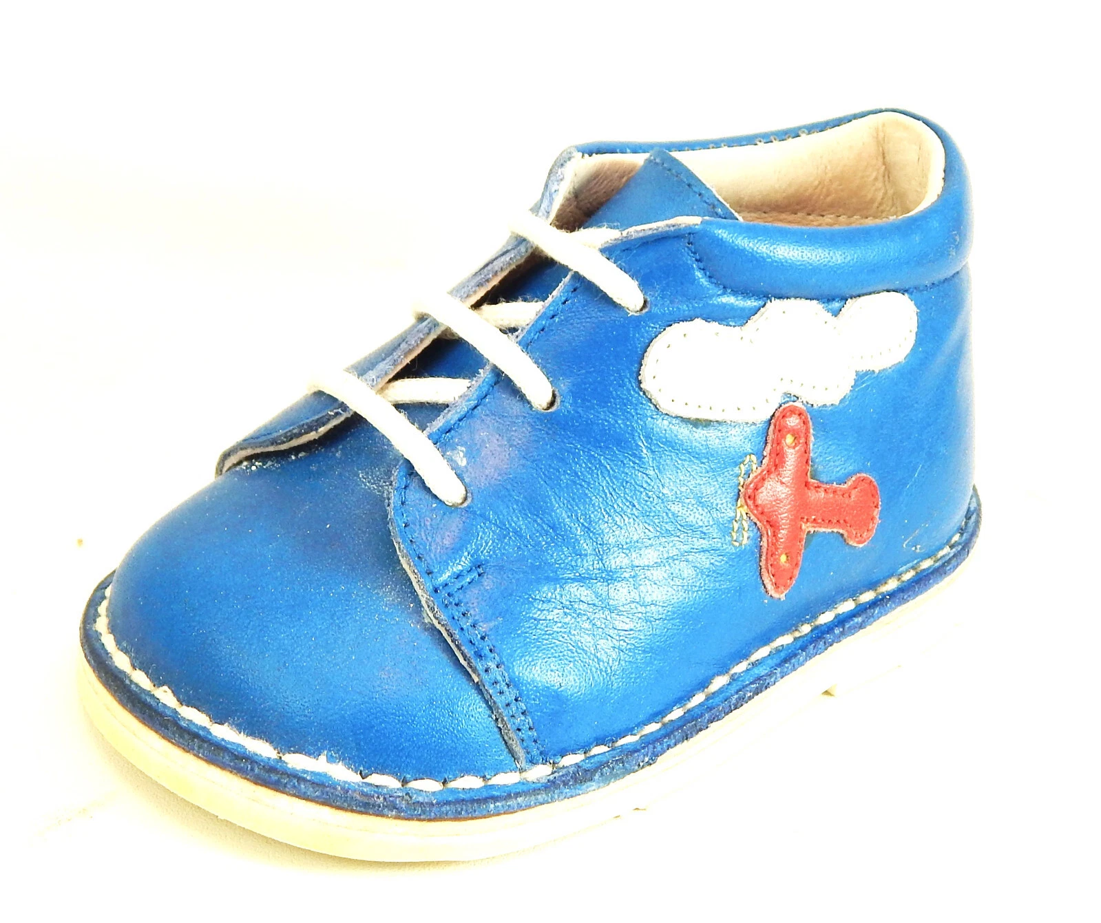 DE OSU -Baby Boys Vintage Blue Leather Airplane Boots -European Shoes -Size 2-4