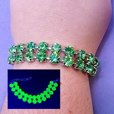 Uranium Glass Bracelet Green Jeweled Tennis Adjustable Double Row Tennis Silver