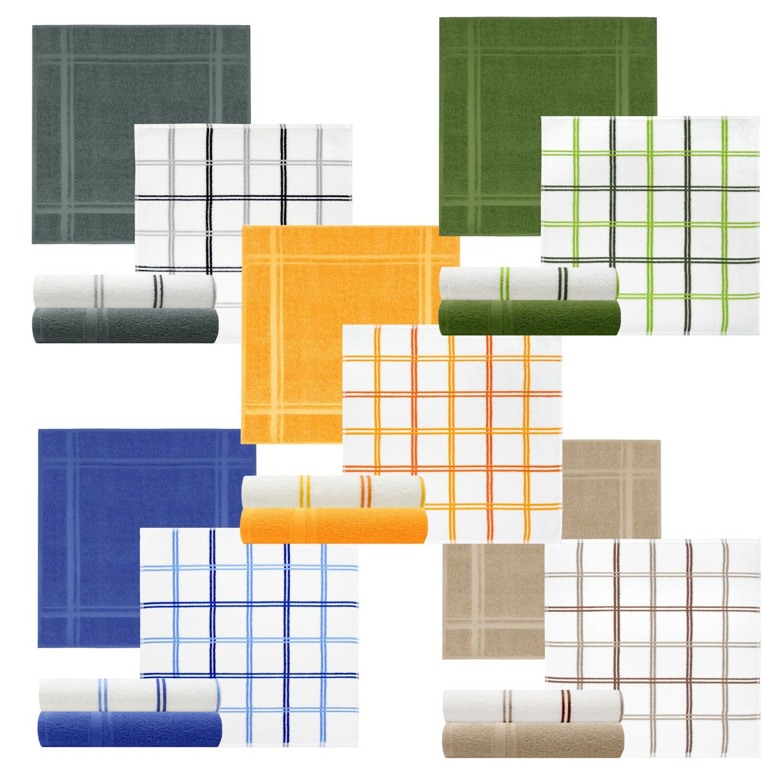 4er Set Frottee Geschirrtücher uni kariert, Küchen Handtücher Baumwolle