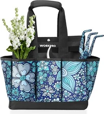 WORKPRO Garden Tool Bag, 9 Pockets Garden Tote Bag 12" x 12" x 6" (Floral Blue)
