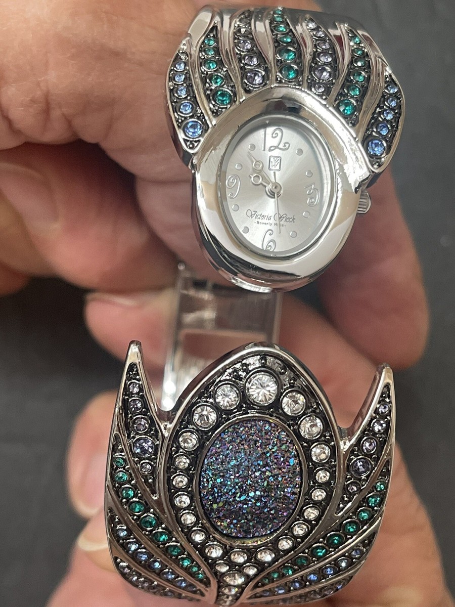 Victoria Wieck Peacock Drusy Crystal Silver Plated Cuff Bracelet Watch Victoria Wieck Peacock Drusy Gemstone Bangle | Mercari main image 4