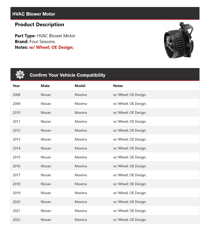 Motor soplador de climatización Nissan Máxima 2008-2022 4 estaciones 2009 2010 2011 2012 2013 Foto 2 de 4
