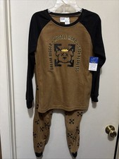 Dream Hustle SZ 10/12 Micro Fleece 2 PC Pajama Set Flame Resistant BRN BLK NWT