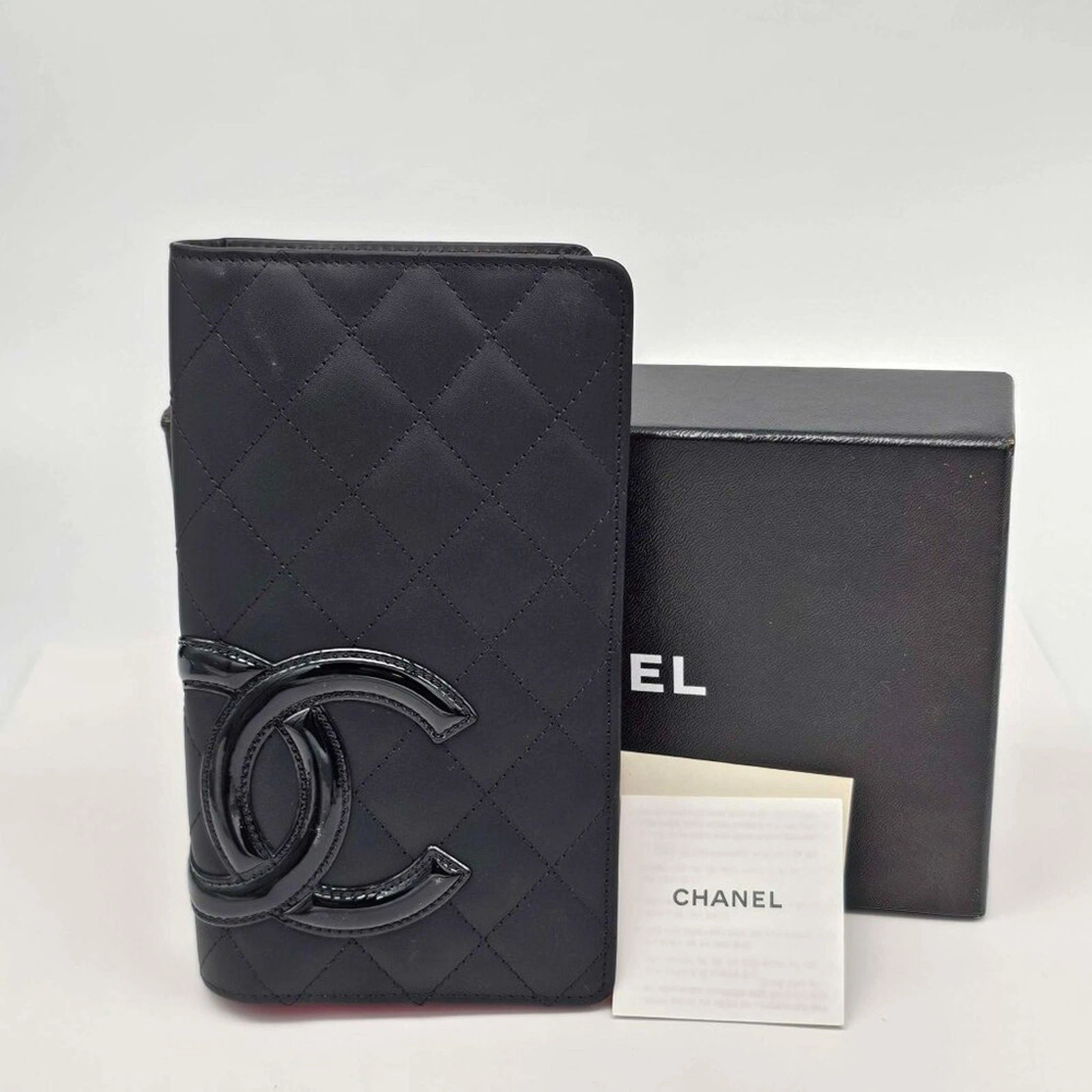 Authentic CHANEL Cambon Black Pink Lambskin Long Wallet 385-043025