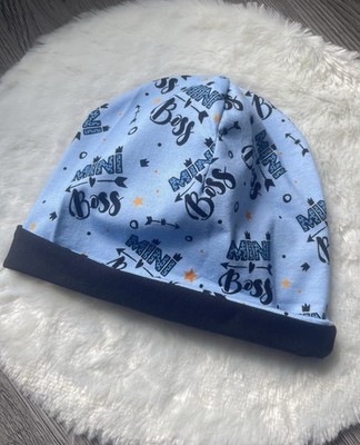 Handmade Beanie Mütze Mini Boss Gr. 52-53 Unikat Kinder Jungen Blau
