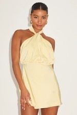 Lulus Women Sleek Essence Satin Halter Sleeveless Mini Dress Ligth Yellow Small