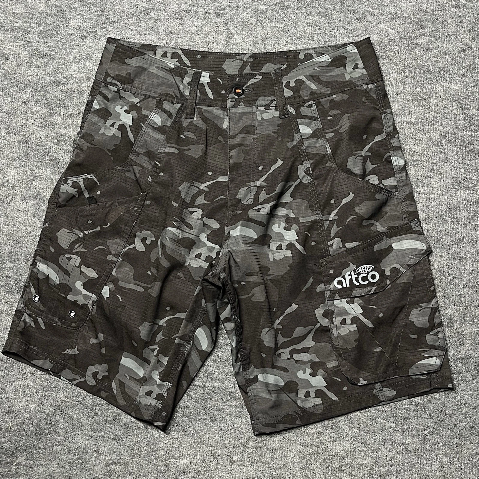 AFTCO Tactical Fishing Shorts Camo Fishing Mens 30x9 Ripstop Stretch Performance